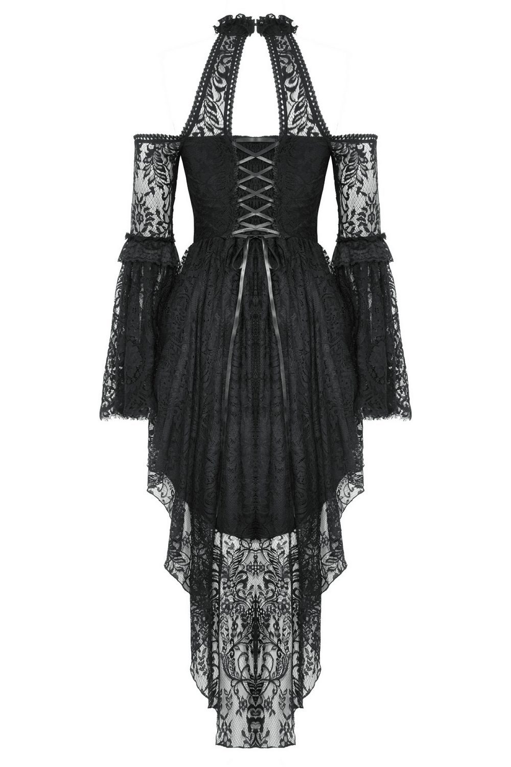 Black Gothic Lace Cutout Dress with Heart Detail and Ruffles