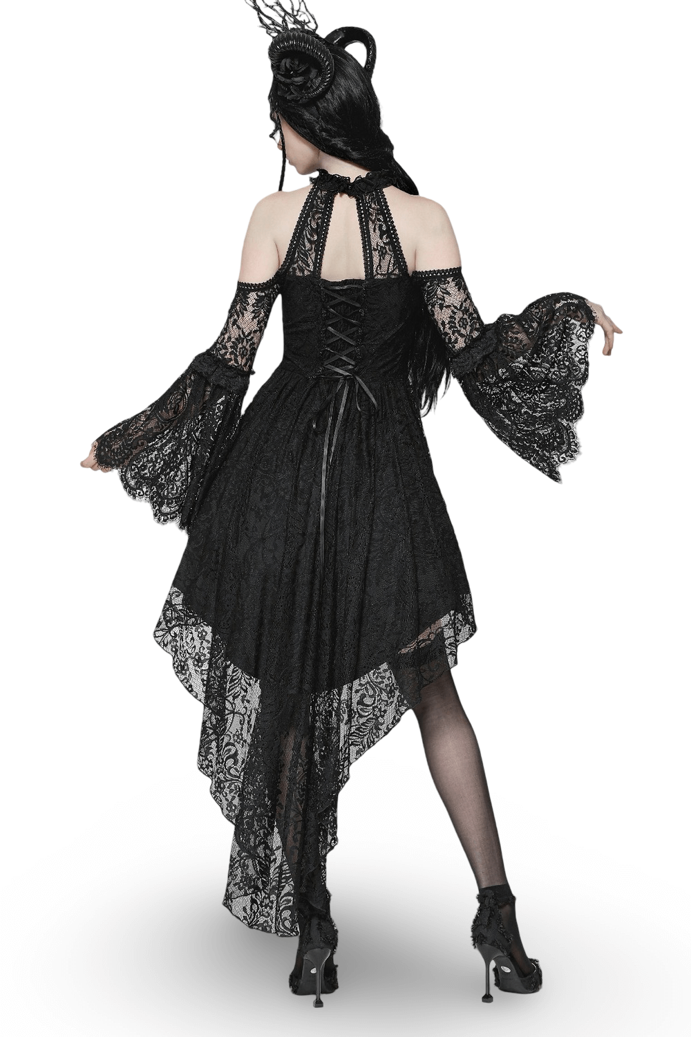 Black Gothic Lace Cutout Dress with Heart Detail and Ruffles