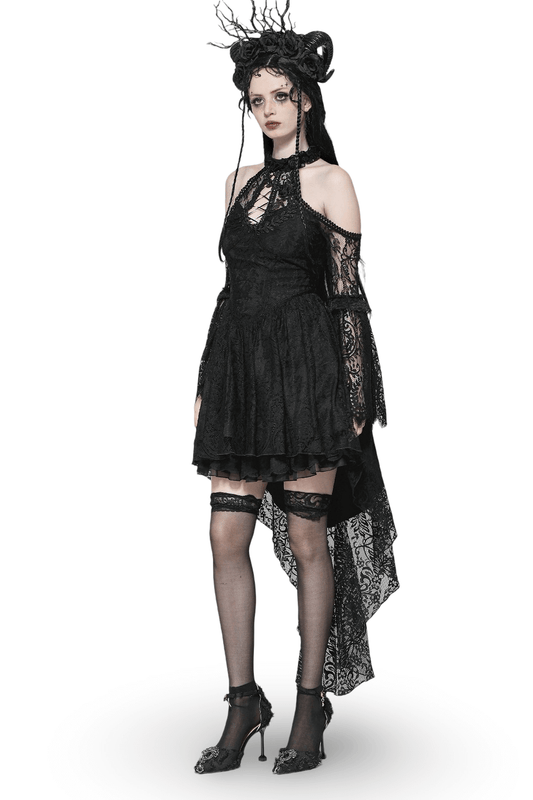 Black Gothic Lace Cutout Dress with Heart Detail and Ruffles
