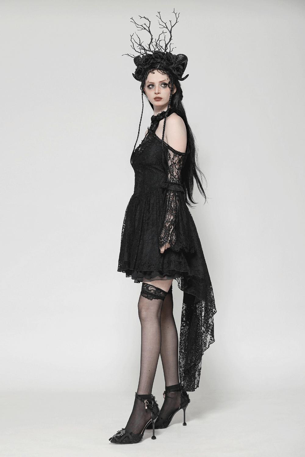 Black Gothic Lace Cutout Dress with Heart Detail and Ruffles