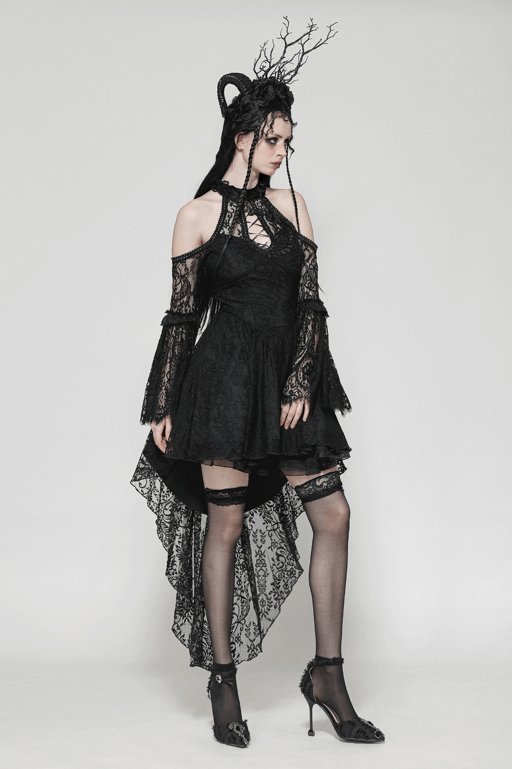 Black Gothic Lace Cutout Dress with Heart Detail and Ruffles