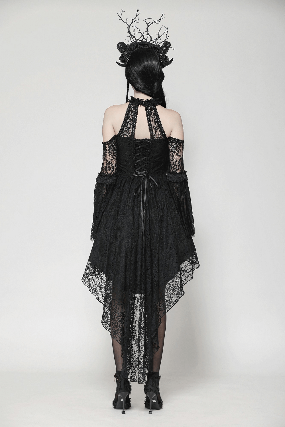 Black Gothic Lace Cutout Dress with Heart Detail and Ruffles