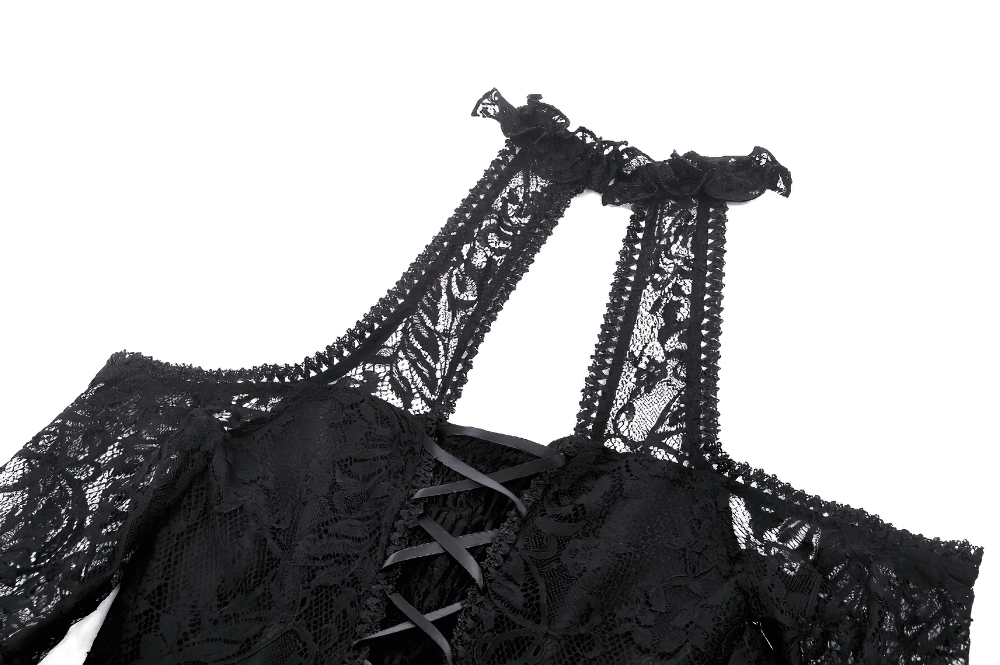 Black Gothic Lace Cutout Dress with Heart Detail and Ruffles