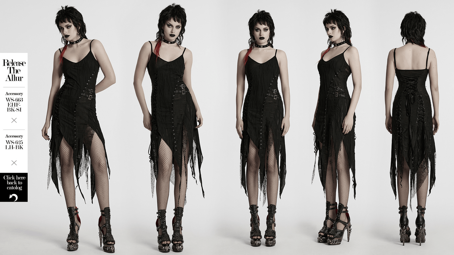 Black Gothic Lace Dress with Asymmetric Hem and Eyelets