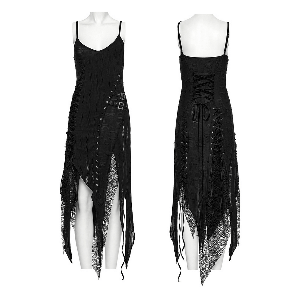 Black Gothic Lace Dress with Asymmetric Hem and Eyelets