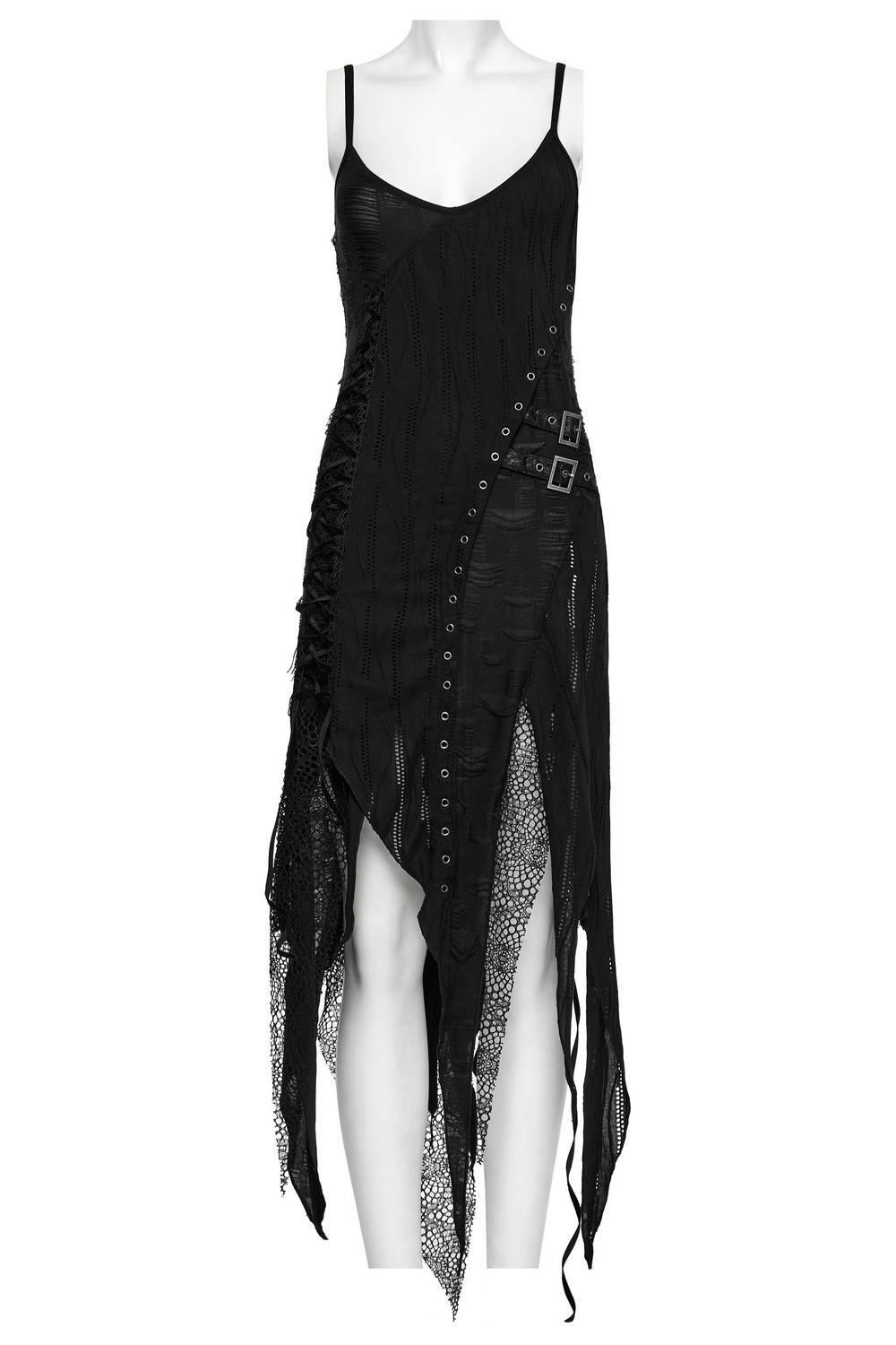 Black Gothic Lace Dress with Asymmetric Hem and Eyelets