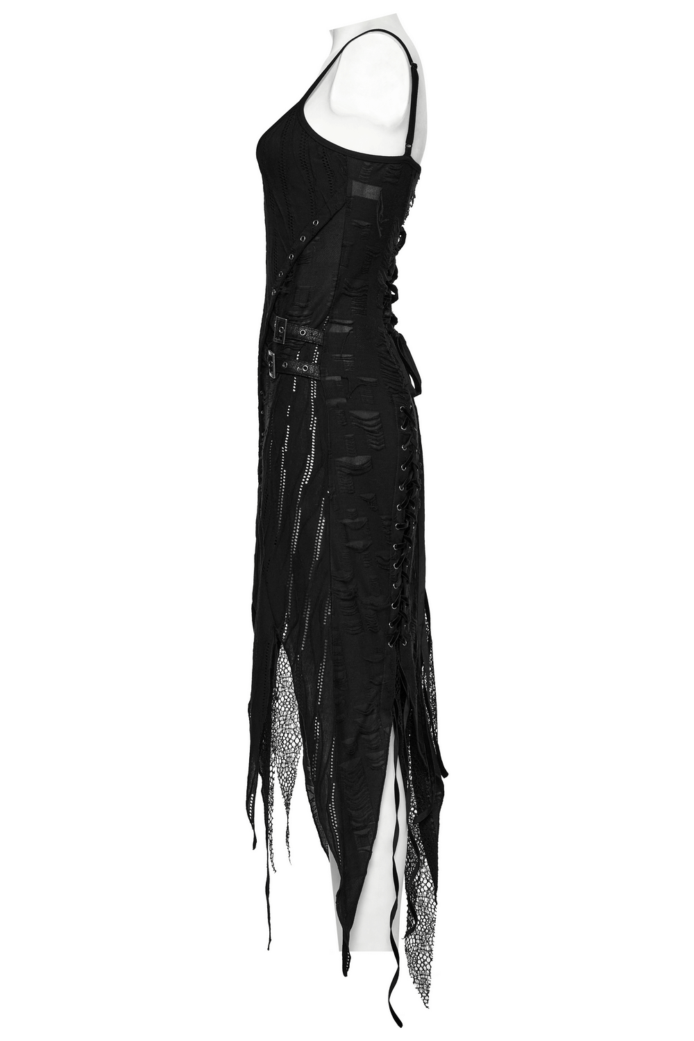 Black Gothic Lace Dress with Asymmetric Hem and Eyelets