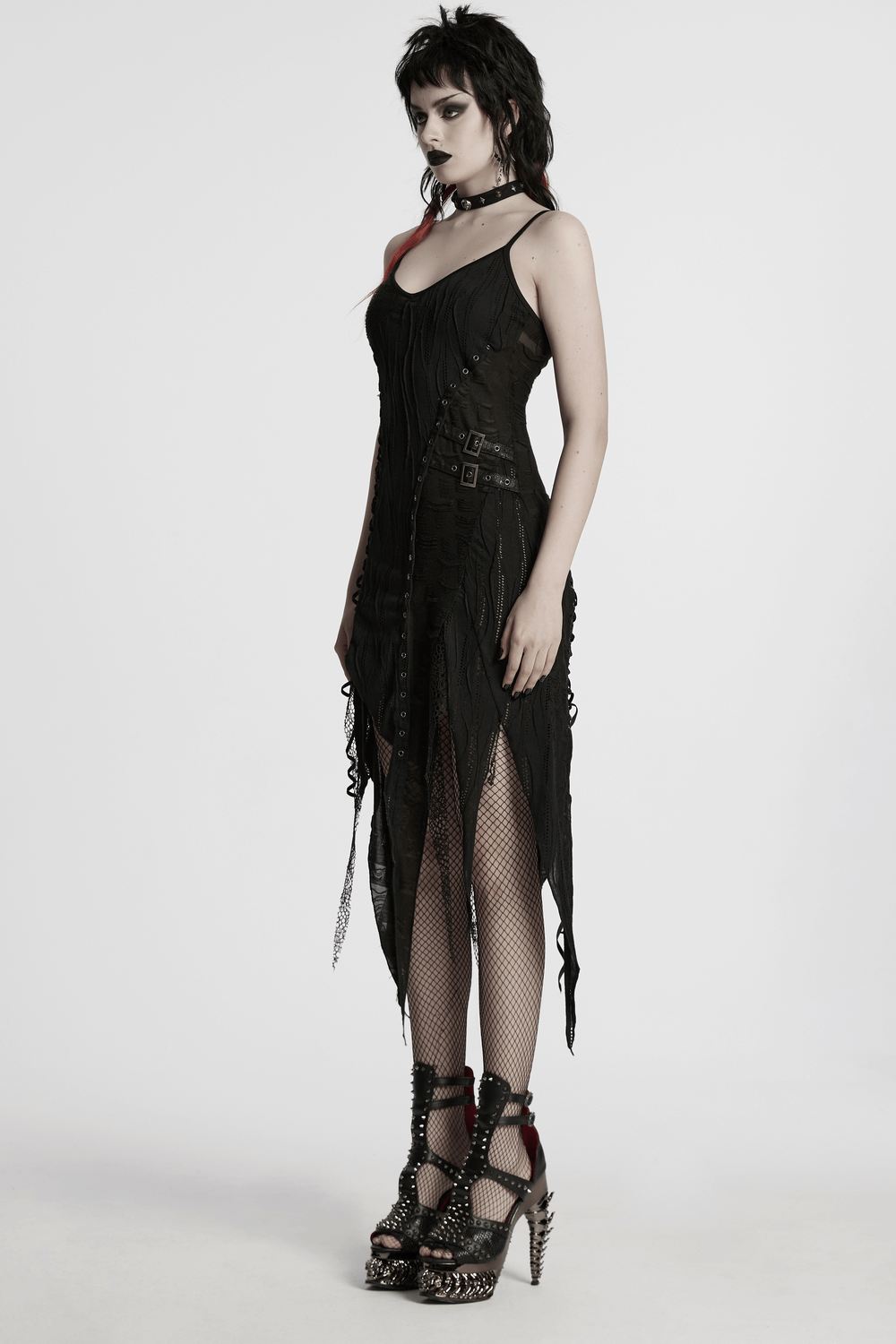 Black Gothic Lace Dress with Asymmetric Hem and Eyelets