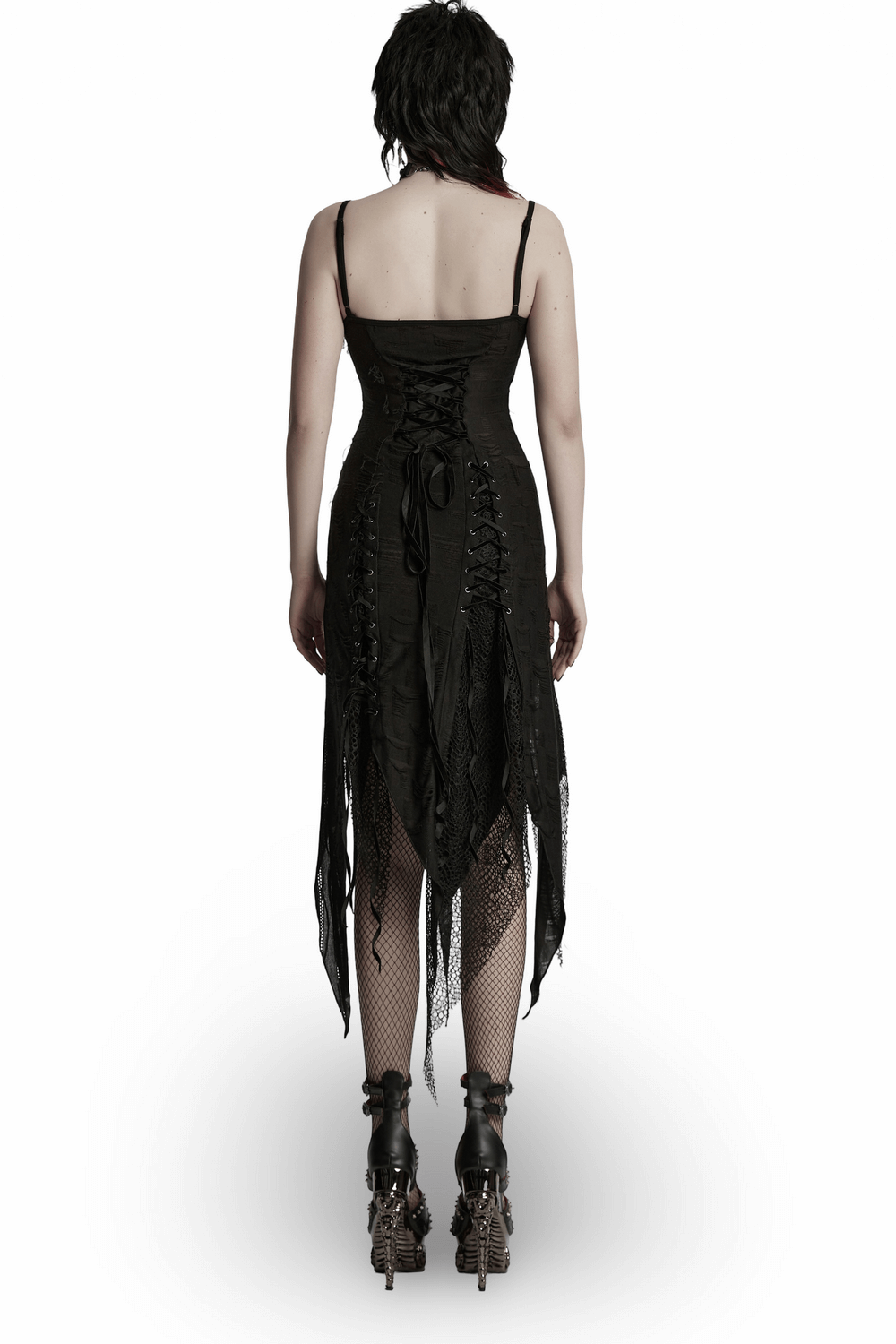 Black Gothic Lace Dress with Asymmetric Hem and Eyelets