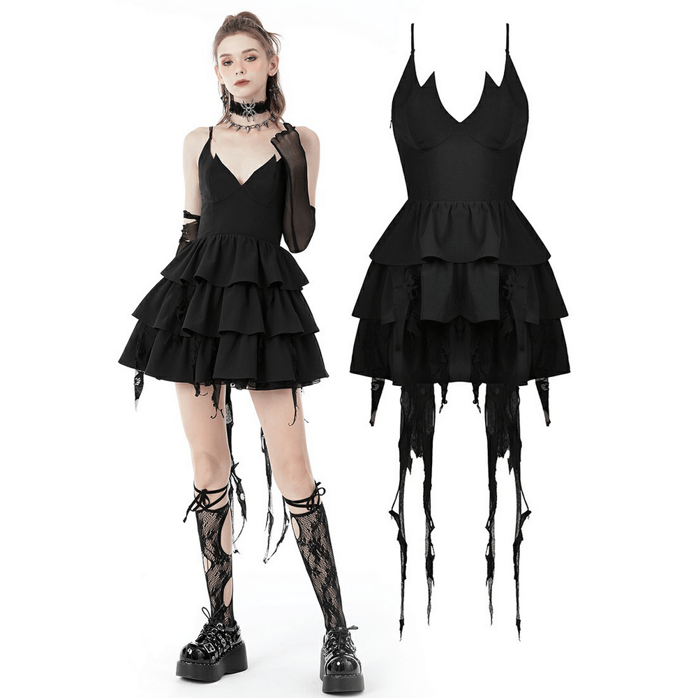 Black Gothic Lace High-Low Dress with Fringe Detailing