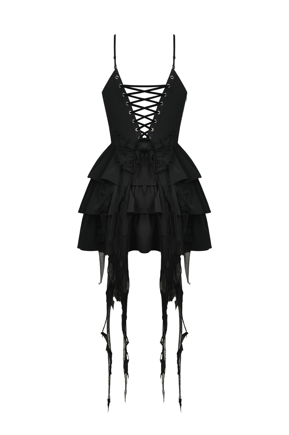Black Gothic Lace High-Low Dress with Fringe Detailing