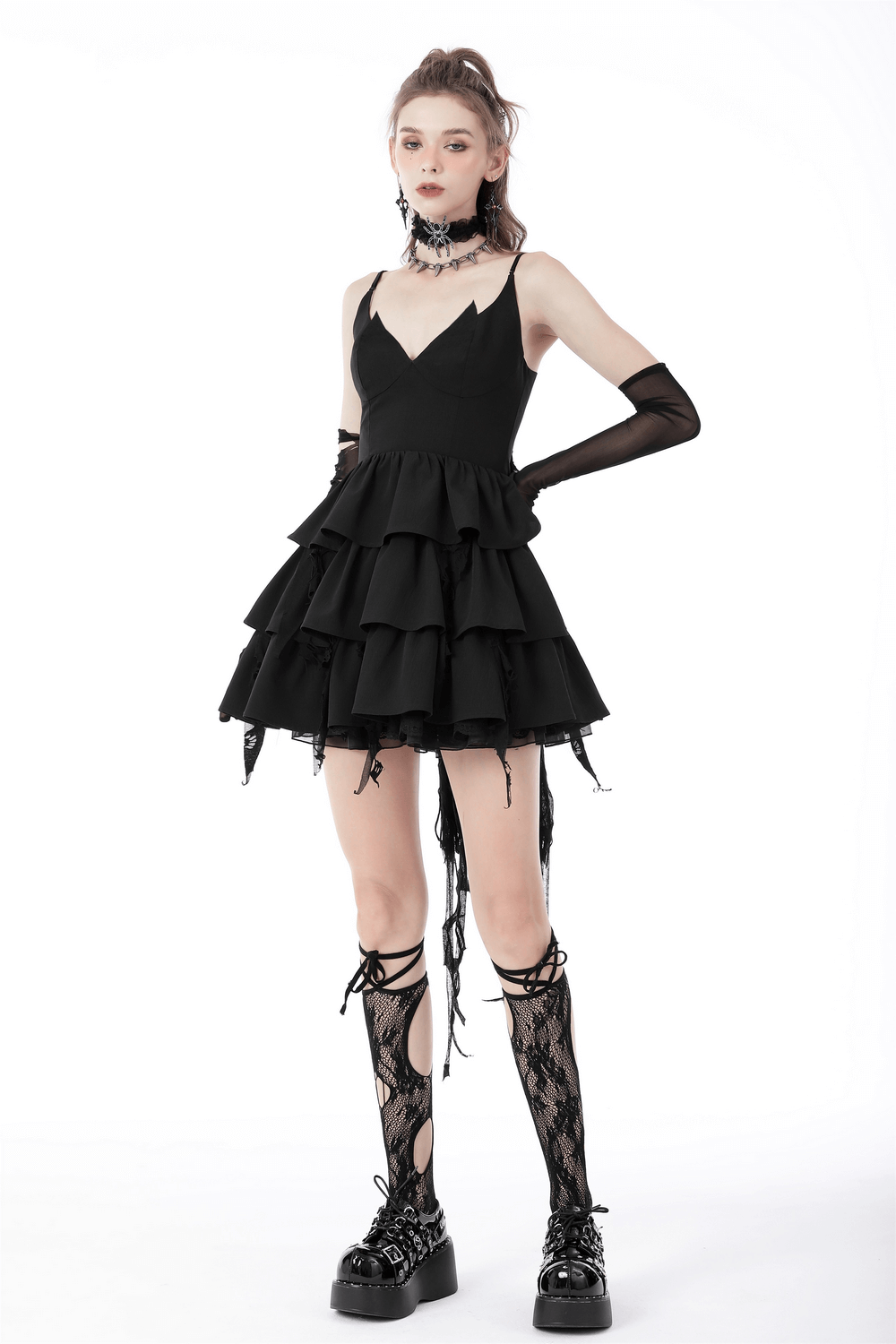 Black Gothic Lace High-Low Dress with Fringe Detailing