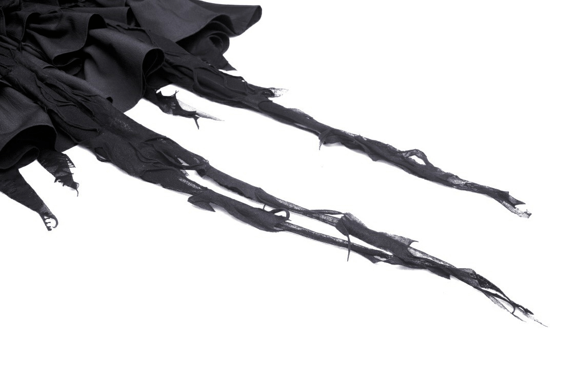 Black Gothic Lace High-Low Dress with Fringe Detailing