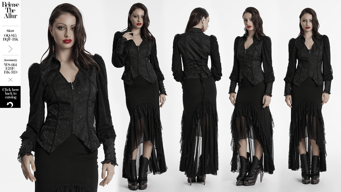 Black Gothic Lace Jacquard Blouse with Corset and Lapel
