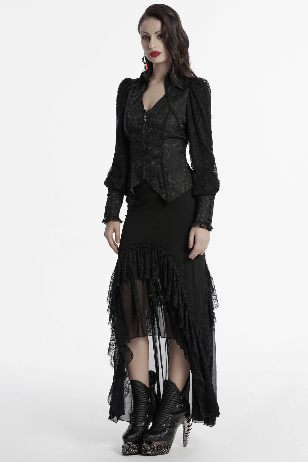 Black Gothic Lace Jacquard Blouse with Corset and Lapel