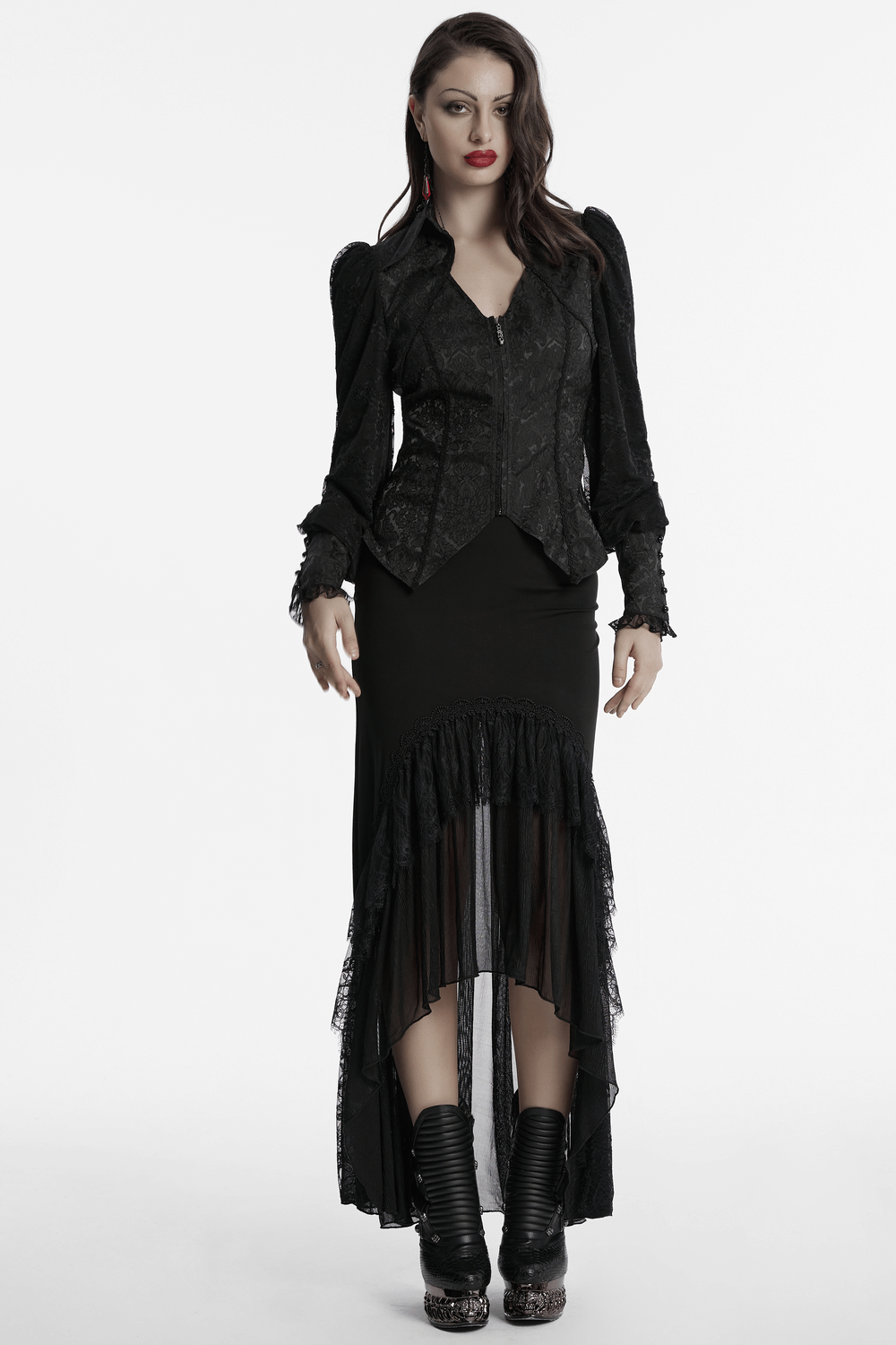 Black Gothic Lace Jacquard Blouse with Corset and Lapel