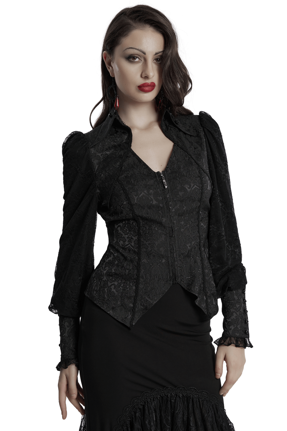 Black Gothic Lace Jacquard Blouse with Corset and Lapel