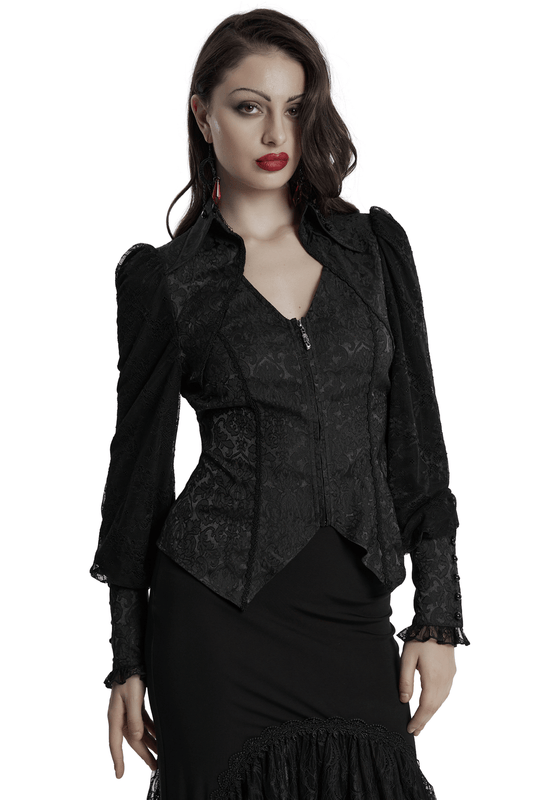 Black Gothic Lace Jacquard Blouse with Corset and Lapel