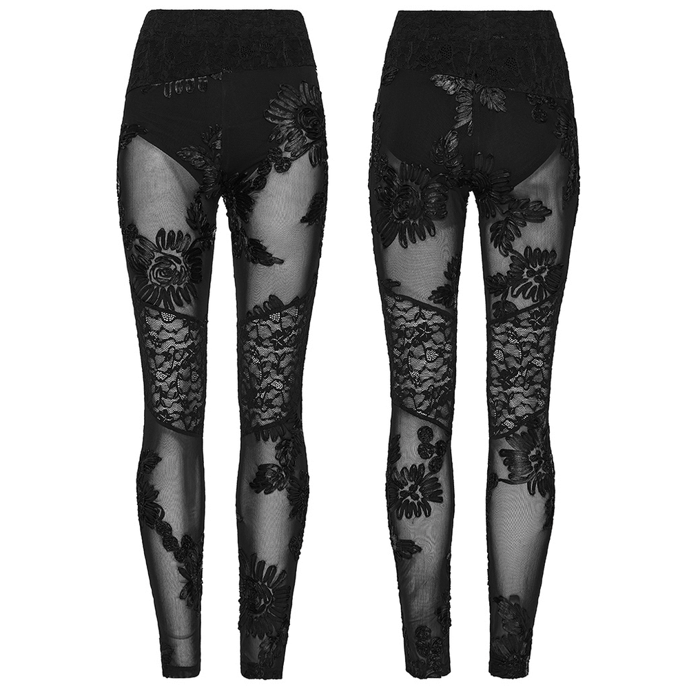 Black Gothic Lace Mesh Leggings with 3D Floral Design