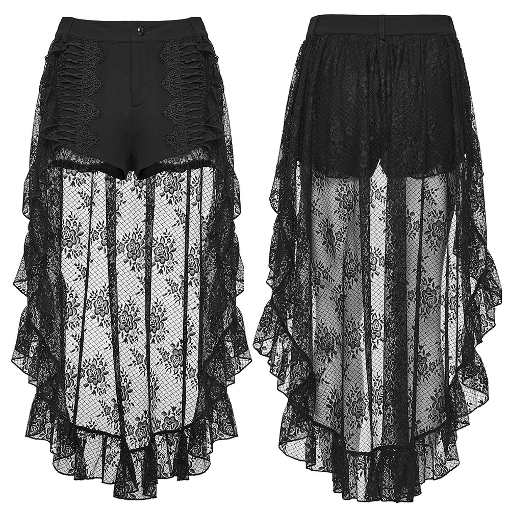 Black Gothic Lace Shorts with High-Low Ruffled Hem