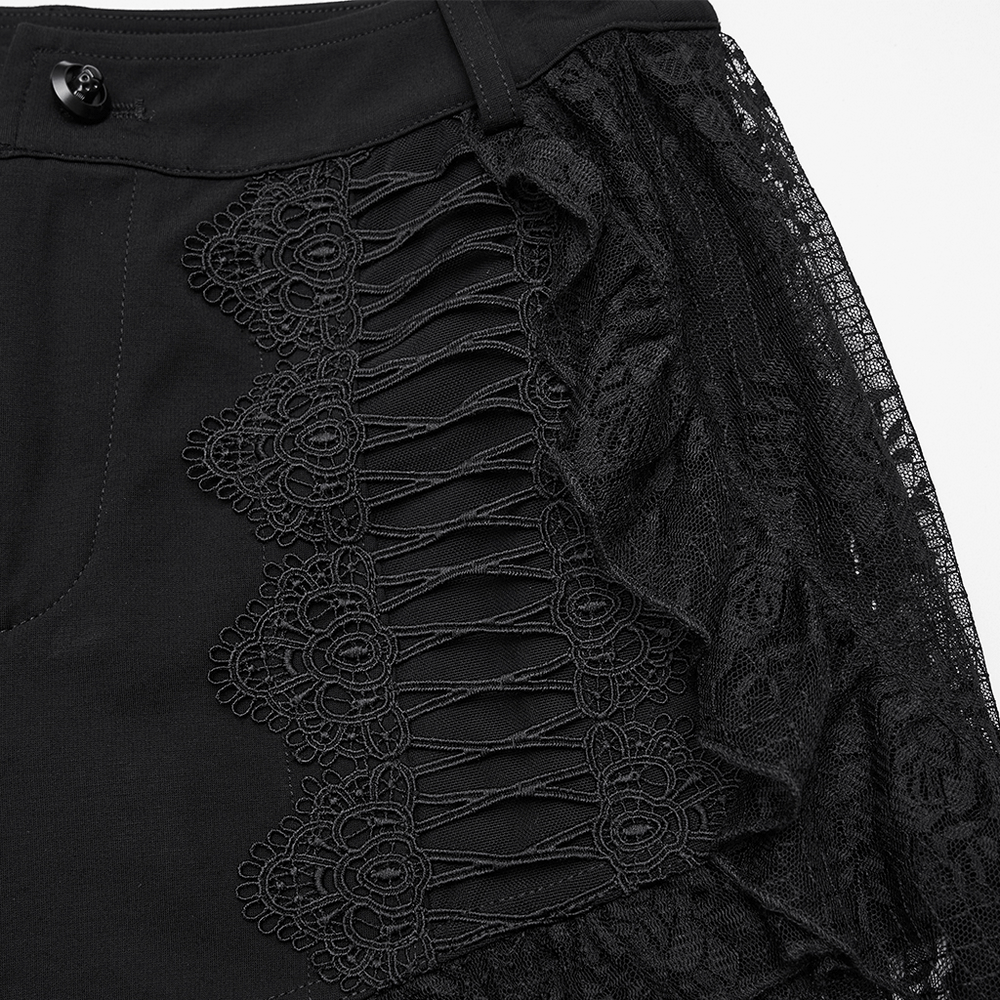 Black Gothic Lace Shorts with High-Low Ruffled Hem
