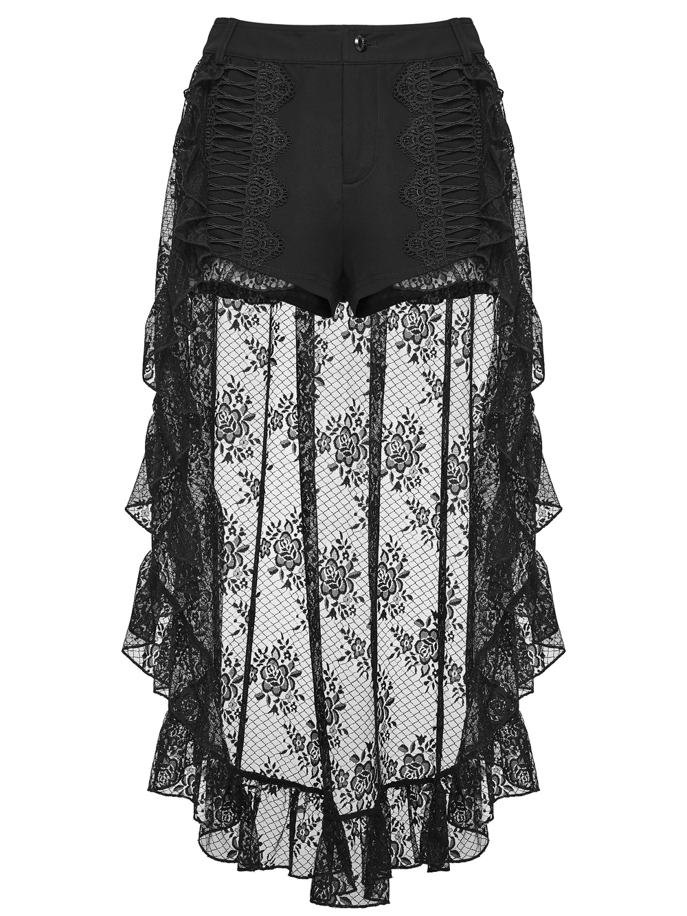 Black Gothic Lace Shorts with High-Low Ruffled Hem