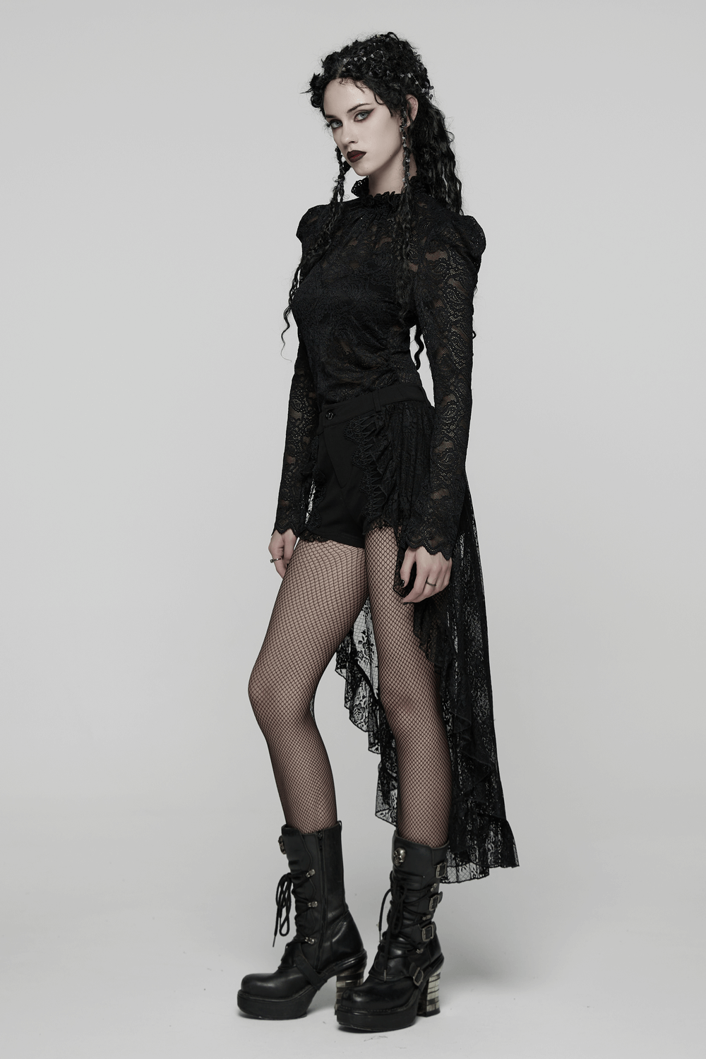 Black Gothic Lace Shorts with High-Low Ruffled Hem