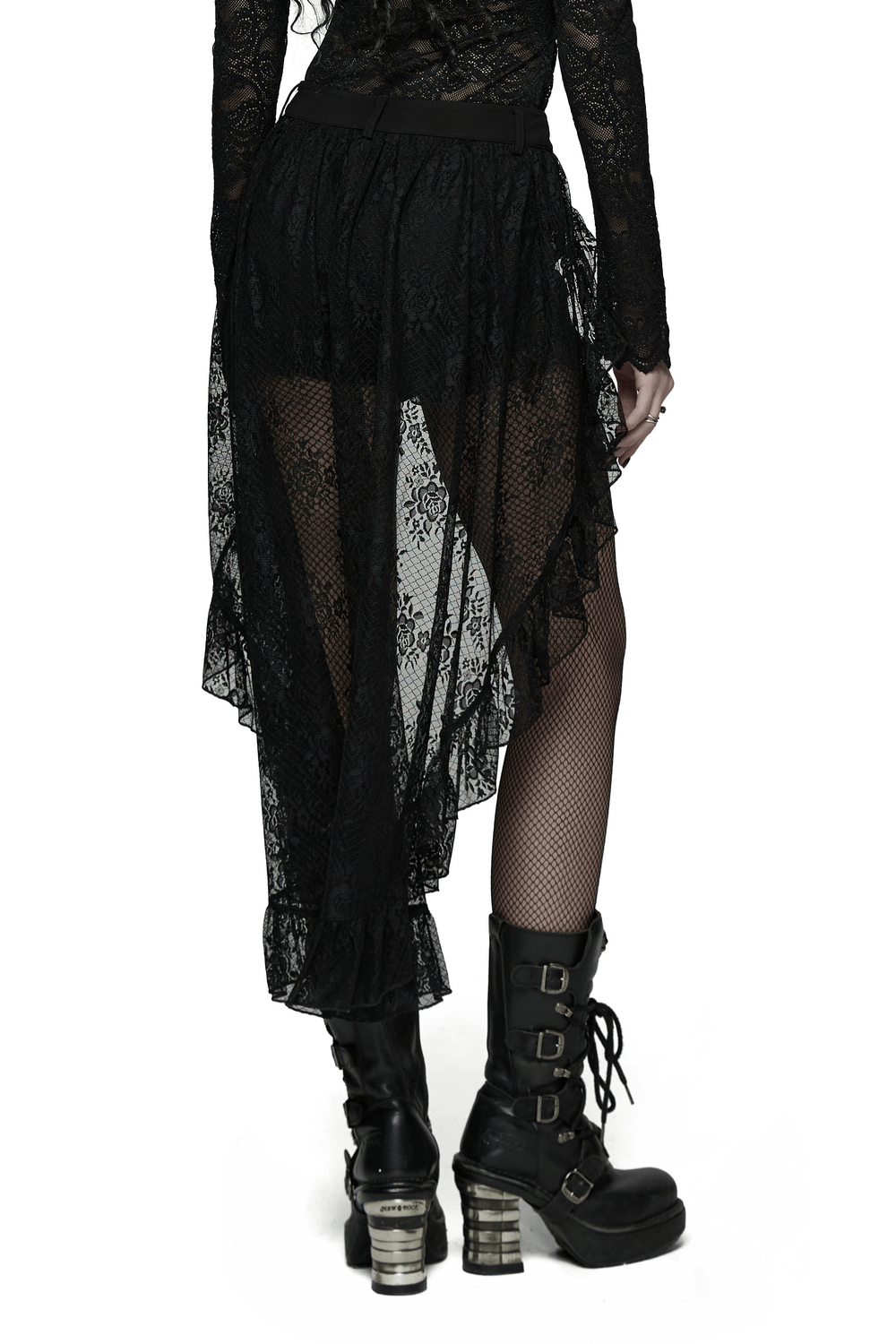 Black Gothic Lace Shorts with High-Low Ruffled Hem