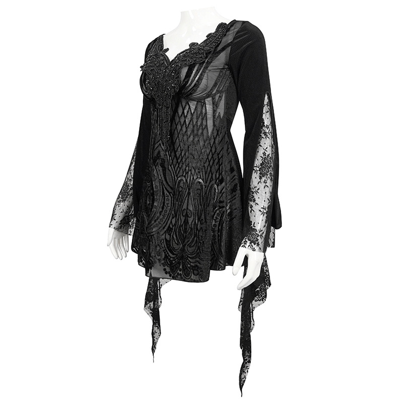Black Gothic Lace Tasseled Long Trumpet Sleeves Top for Women / Exquisite Female Clothing