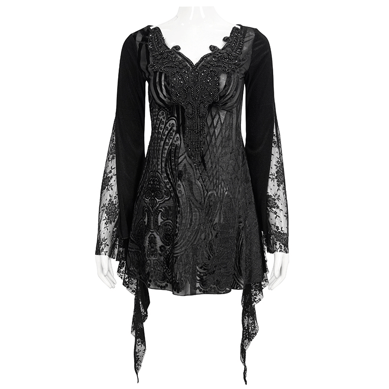 Black Gothic Lace Tasseled Long Trumpet Sleeves Top for Women / Exquisite Female Clothing