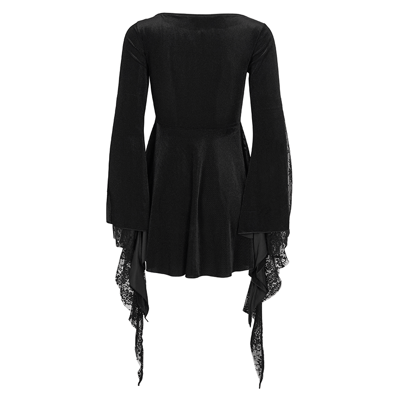 Black Gothic Lace Tasseled Long Trumpet Sleeves Top for Women / Exquisite Female Clothing