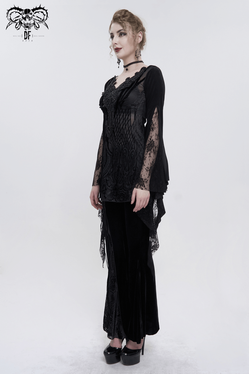 Black Gothic Lace Tasseled Long Trumpet Sleeves Top for Women / Exquisite Female Clothing