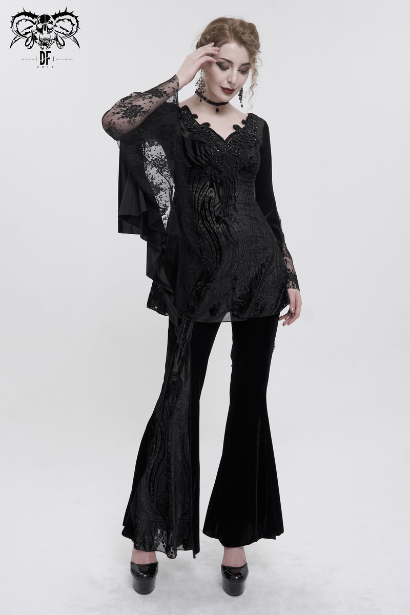 Black Gothic Lace Tasseled Long Trumpet Sleeves Top for Women / Exquisite Female Clothing