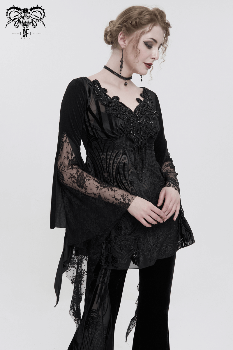 Black Gothic Lace Tasseled Long Trumpet Sleeves Top for Women / Exquisite Female Clothing