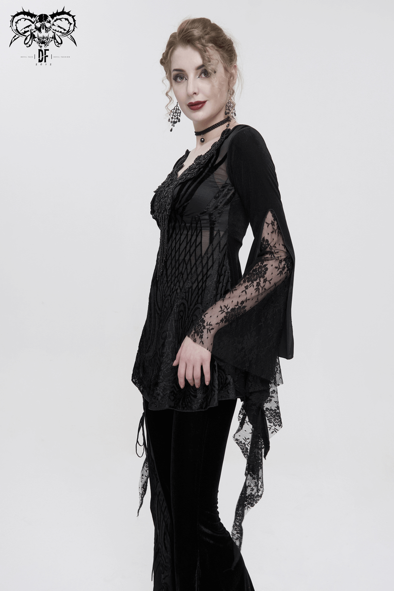 Black Gothic Lace Tasseled Long Trumpet Sleeves Top for Women / Exquisite Female Clothing