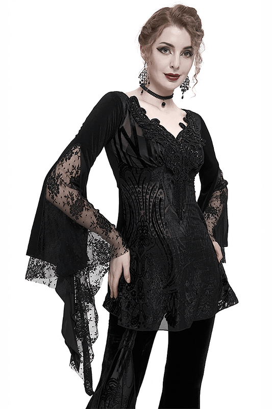 Black Gothic Lace Tasseled Long Trumpet Sleeves Top for Women / Exquisite Female Clothing