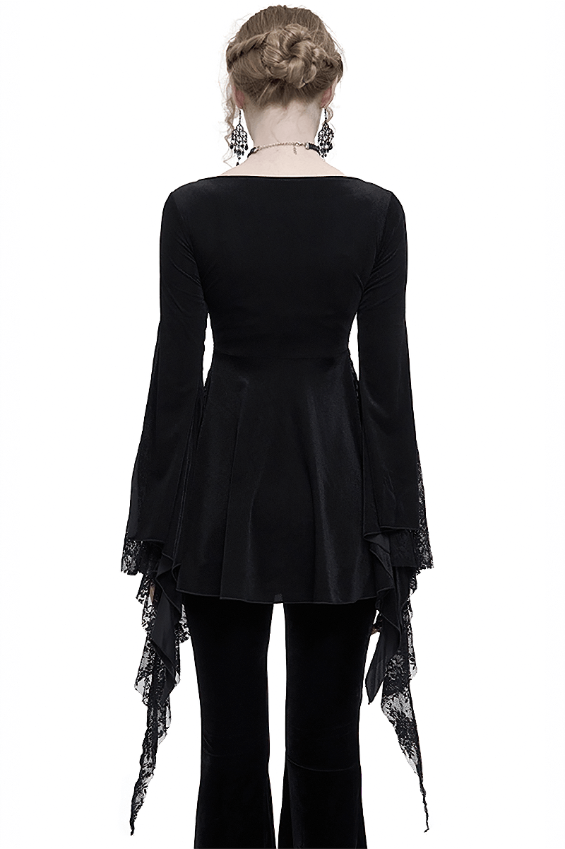 Black Gothic Lace Tasseled Long Trumpet Sleeves Top for Women / Exquisite Female Clothing