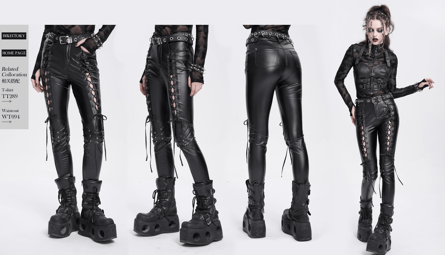 Black Gothic Lace-Up Pants with Grommet Details and Ties