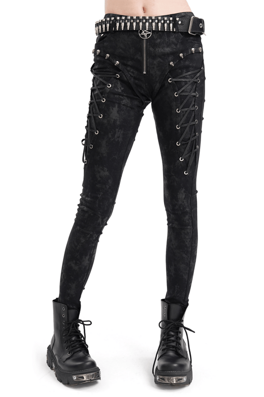 Black Gothic Lace-Up Pants with Pentagram Charm