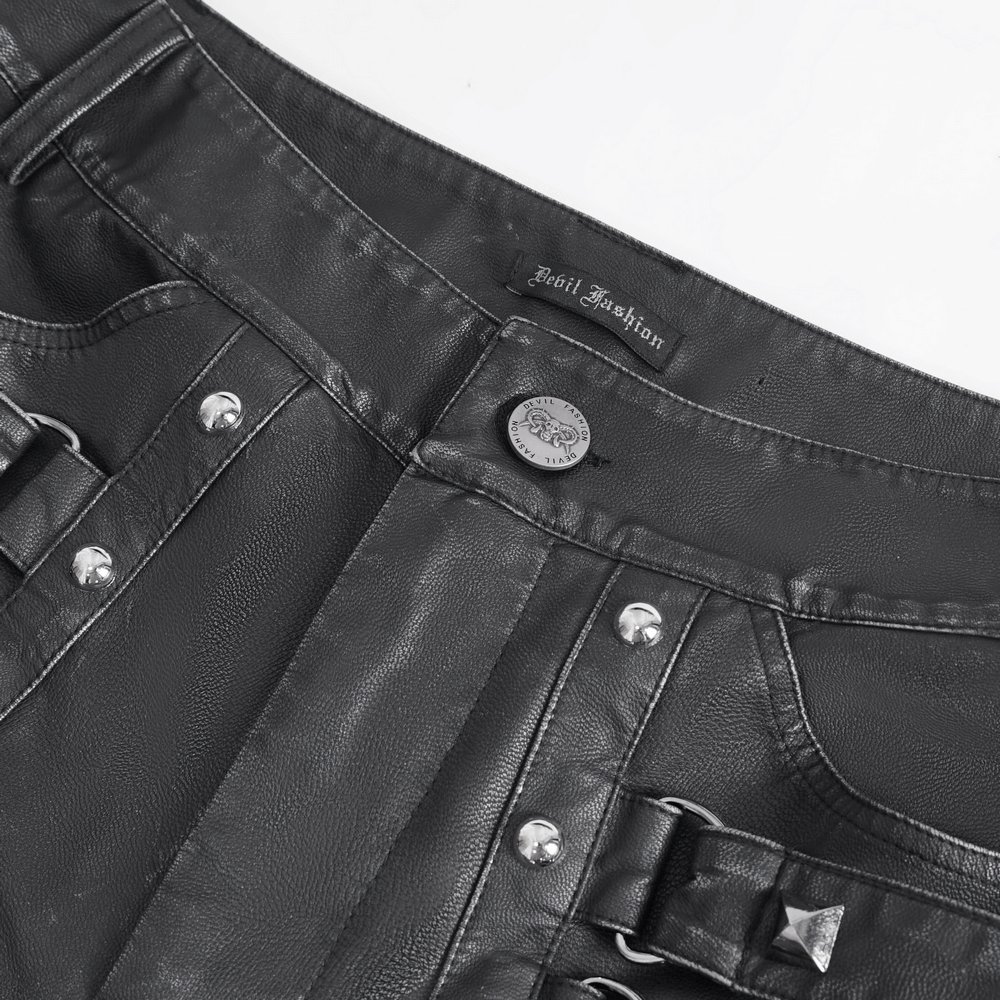 Black Gothic Leather Pants with Buckles and Straps