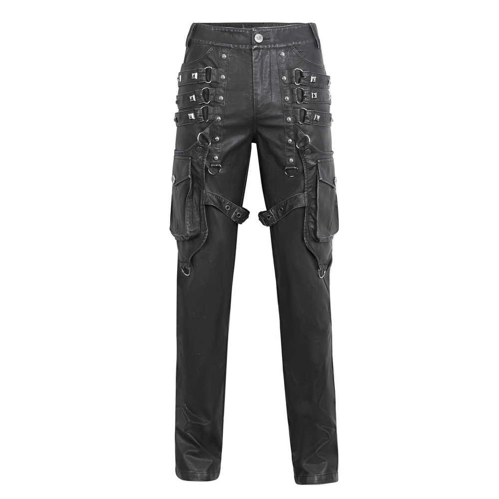 Black Gothic Leather Pants with Buckles and Straps