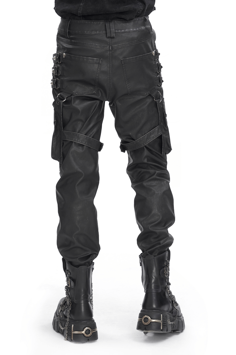 Black Gothic Leather Pants with Buckles and Straps