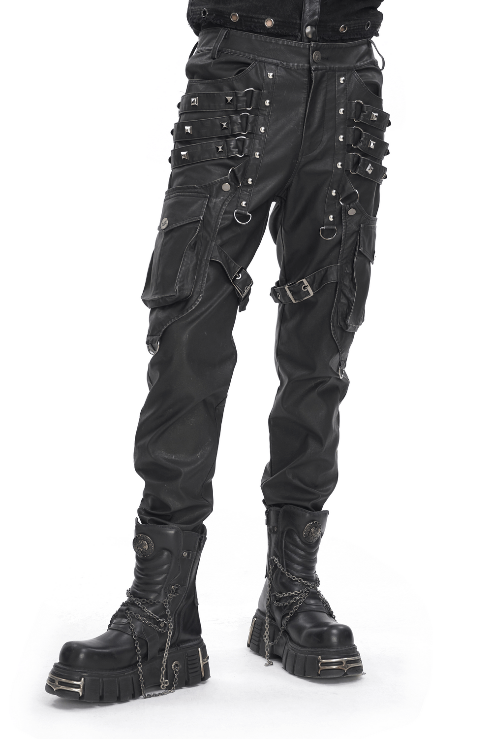 Black Gothic Leather Pants with Buckles and Straps