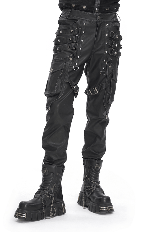Black Gothic Leather Pants with Buckles and Straps