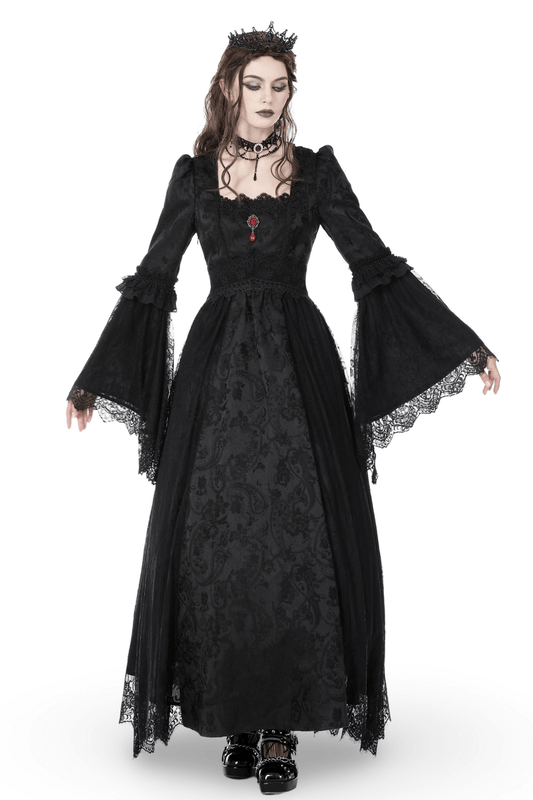 Black Gothic Long Sleeves Lace Maxi Dress with Red Brooch