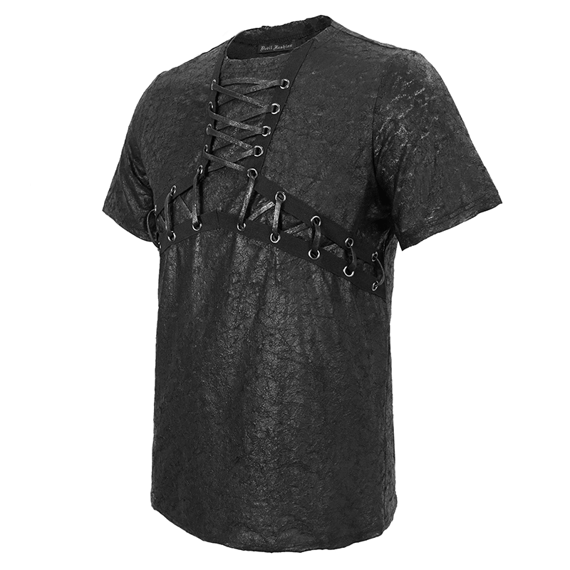 Black Gothic Men's Slim fit T-Shirt / Motorcycle Punk T-shirt with Lace-Up On Neckline & Bust