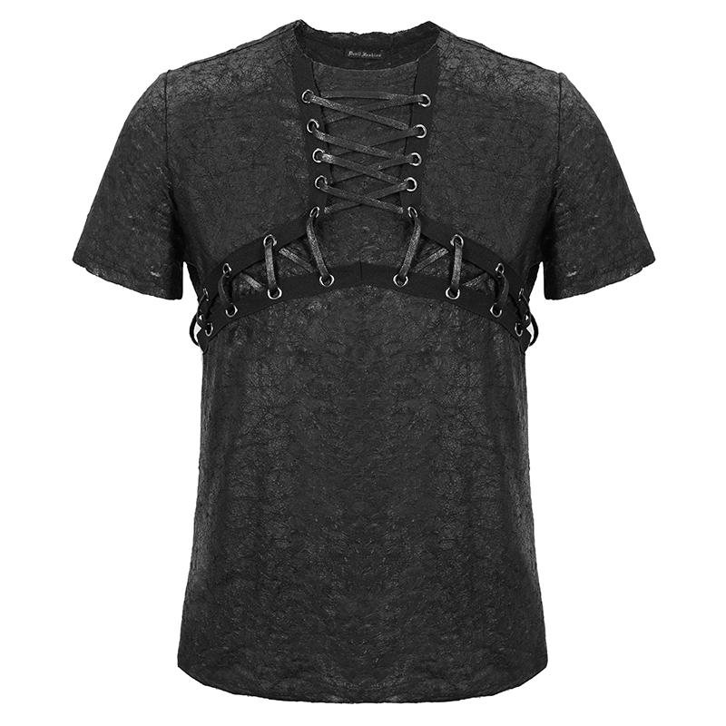 Black Gothic Men's Slim fit T-Shirt / Motorcycle Punk T-shirt with Lace-Up On Neckline & Bust