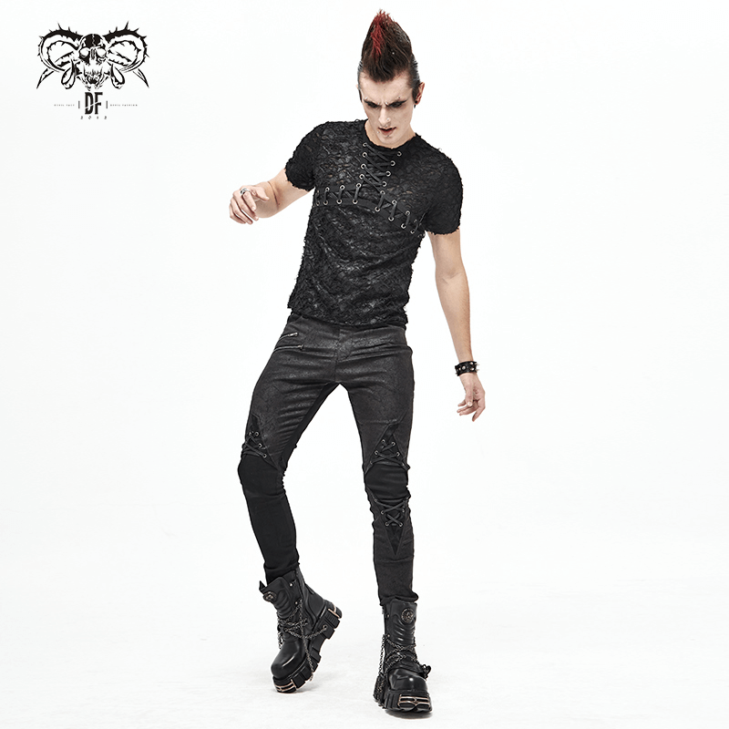 Black Gothic Men's Slim fit T-Shirt / Motorcycle Punk T-shirt with Lace-Up On Neckline & Bust