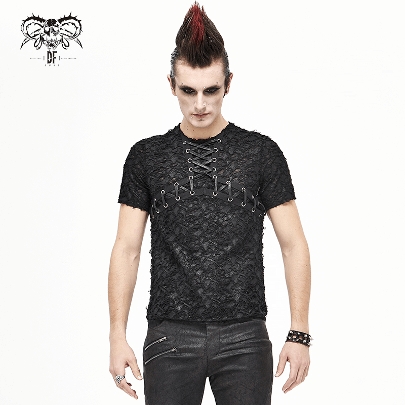 Black Gothic Men's Slim fit T-Shirt / Motorcycle Punk T-shirt with Lace-Up On Neckline & Bust