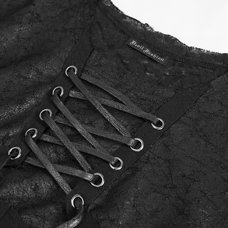 Black Gothic Men's Slim fit T-Shirt / Motorcycle Punk T-shirt with Lace-Up On Neckline & Bust